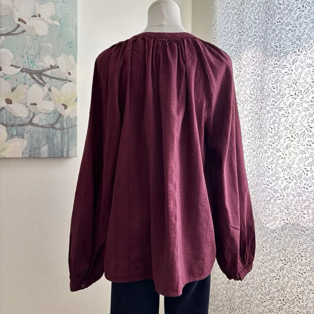 Old Navy Textured Blouse Dark Mauve Split Neck Long Sleeve Women's Large Boho